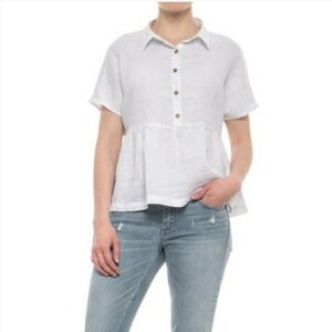 Catherine Malandrino L Linen Button Collared Lagenlook Babydoll Top Short Hands